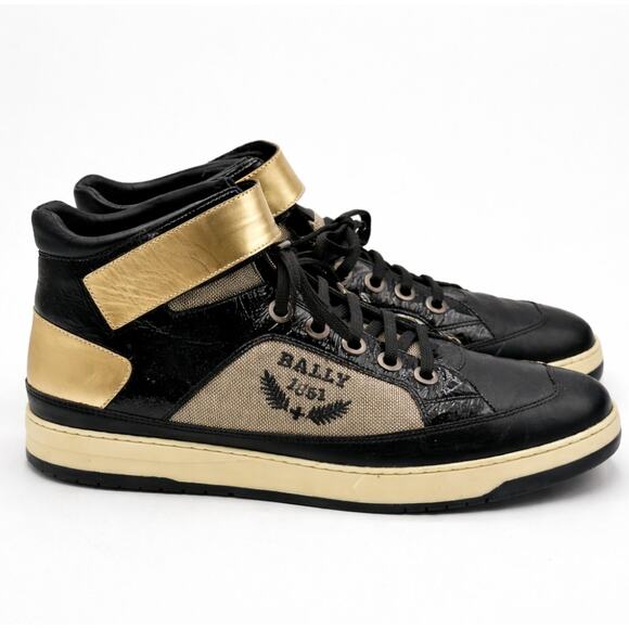 BALLY Basily 30 High Top Sneaker Black Gold Sz US 9.5 $429